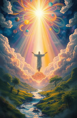 A mystical scene depicting a divine revelation, filled with a vibrant light illuminating the clouds