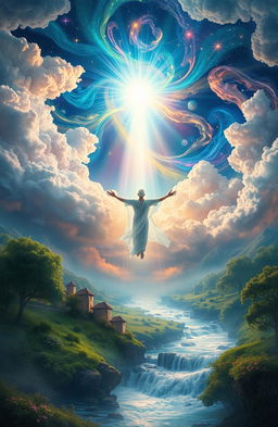A mystical scene depicting a divine revelation, filled with a vibrant light illuminating the clouds