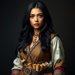 A full-body portrait of a 4'11" Middle Eastern woman with silky black hair and dark brown eyes, featuring light tan skin and thick lips