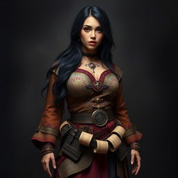 A full-body portrait of a 4'11" Middle Eastern woman with silky black hair and dark brown eyes, featuring light tan skin and thick lips