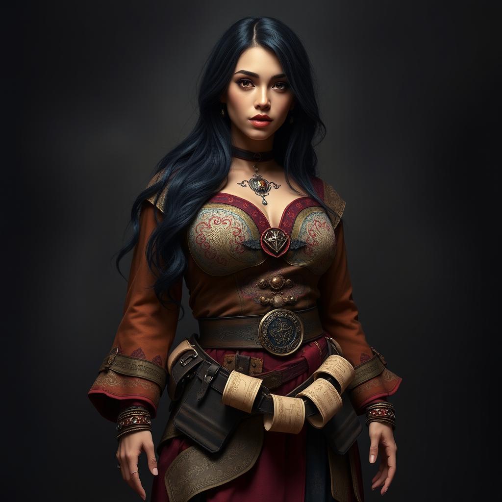 A full-body portrait of a 4'11" Middle Eastern woman with silky black hair and dark brown eyes, featuring light tan skin and thick lips