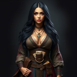 A full-body portrait of a 4'11" Middle Eastern woman with silky black hair and dark brown eyes, featuring light tan skin and thick lips