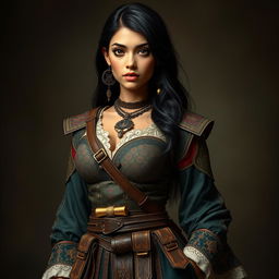 A full-body portrait of a 4'11" Middle Eastern woman with silky black hair and dark brown eyes, featuring light tan skin and thick lips