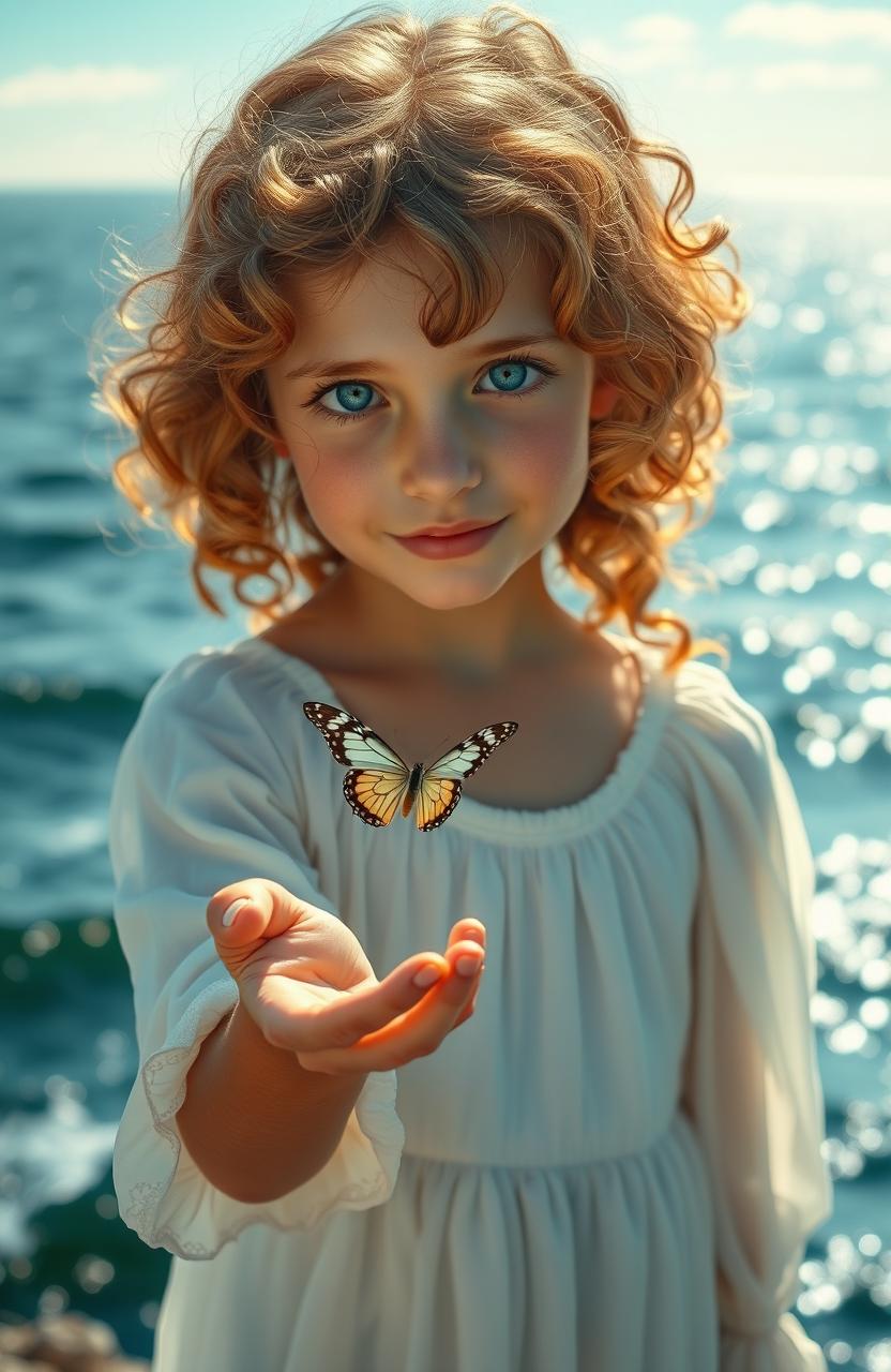 A girl with light brown curly hair wearing a flowing white dress and blue eyes is gently holding a butterfly in her hand, with an infinite sea stretching behind her