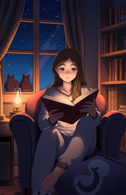 A serene scene depicting a young woman reading a book in her cozy room at night