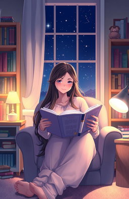 A serene scene depicting a young woman reading a book in her cozy room at night