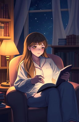 A serene scene depicting a young woman reading a book in her cozy room at night