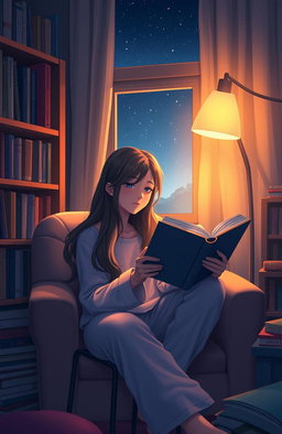 A serene scene depicting a young woman reading a book in her cozy room at night