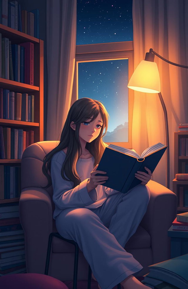 A serene scene depicting a young woman reading a book in her cozy room at night