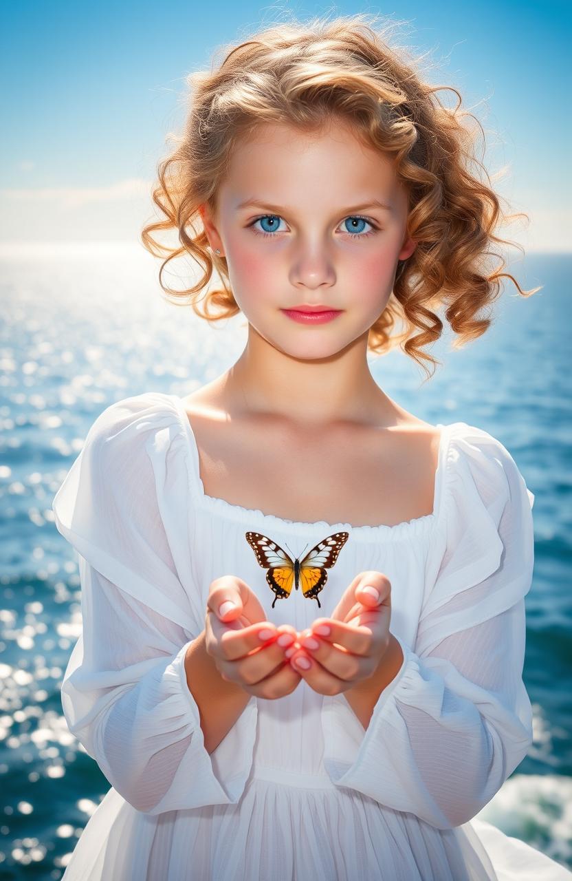 A 19-year-old girl with light brown curly hair, fair skin, wearing a flowing white dress, and with striking blue eyes