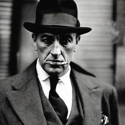 Portrait of an English gangster from the post-WW2 era, distinguished in his attire, stoically smoking a cigarette.