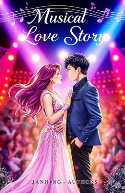 A vibrant and romantic book cover for a musical love story featuring two idols