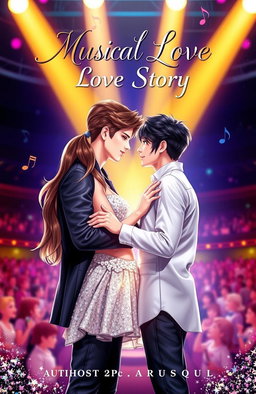 A vibrant and romantic book cover for a musical love story featuring two idols