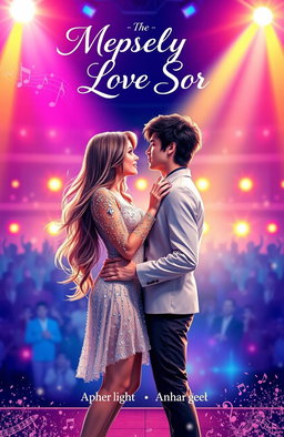 A vibrant and romantic book cover for a musical love story featuring two idols