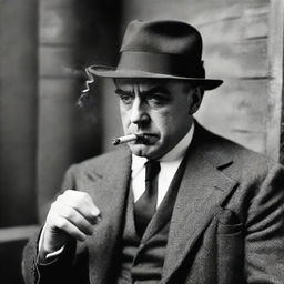 Portrait of an English gangster from the post-WW2 era, distinguished in his attire, stoically smoking a cigarette.