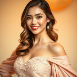 A close-up portrait of an elegant model with extended shoulders, showcasing a half-complete outfit with intricate details