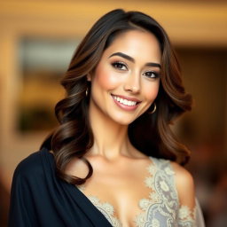 A close-up portrait of an elegant model with extended shoulders, showcasing a half-complete outfit with intricate details