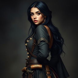 A full body portrait of a 4'11" Middle Eastern woman with silky black hair, dark brown eyes, and light tan skin