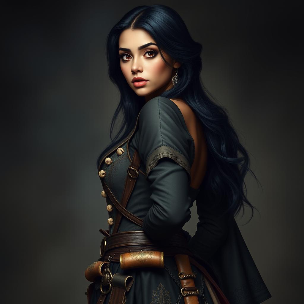 A full body portrait of a 4'11" Middle Eastern woman with silky black hair, dark brown eyes, and light tan skin