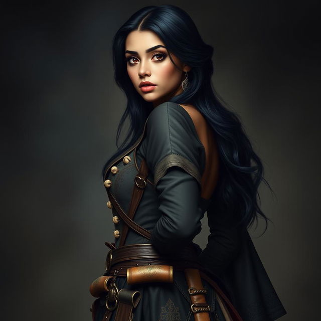 A full body portrait of a 4'11" Middle Eastern woman with silky black hair, dark brown eyes, and light tan skin