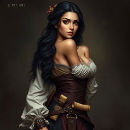 A full body portrait of a 4'11" Middle Eastern woman with silky black hair, dark brown eyes, and light tan skin