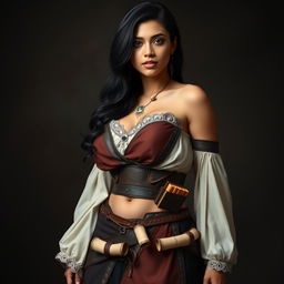 A full body portrait of a 4'11" Middle Eastern woman with silky black hair, dark brown eyes, and light tan skin