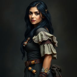 A full body portrait of a 4'11" Middle Eastern woman with silky black hair, dark brown eyes, and light tan skin