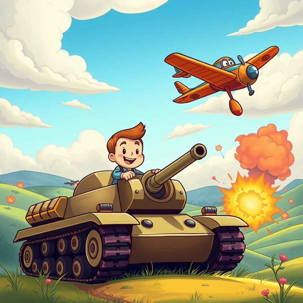 A whimsical scene featuring a cartoon-style character named Misha driving a tank, with a vintage airplane flying overhead