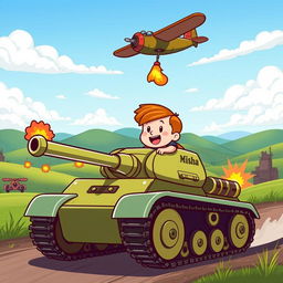 A whimsical scene featuring a cartoon-style character named Misha driving a tank, with a vintage airplane flying overhead