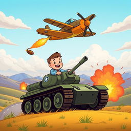 A whimsical scene featuring a cartoon-style character named Misha driving a tank, with a vintage airplane flying overhead