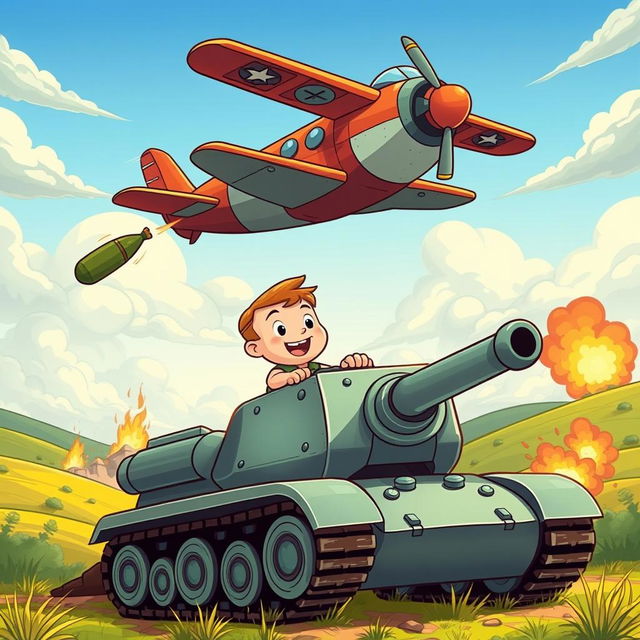 A whimsical scene featuring a cartoon-style character named Misha driving a tank, with a vintage airplane flying overhead