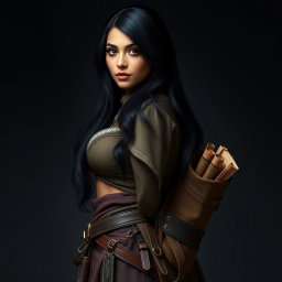 A full-body portrait of a 4'11" Middle Eastern woman with silky black hair cascading down her back, dark brown eyes that sparkle with intelligence, and a light tan skin tone