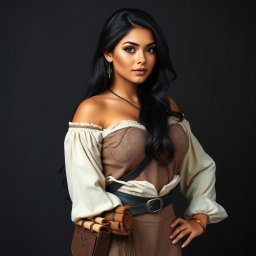 A full-body portrait of a 4'11" Middle Eastern woman with silky black hair cascading down her back, dark brown eyes that sparkle with intelligence, and a light tan skin tone