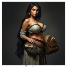 A full-body portrait of a 4'11" Middle Eastern woman with silky black hair cascading down her back, dark brown eyes that sparkle with intelligence, and a light tan skin tone