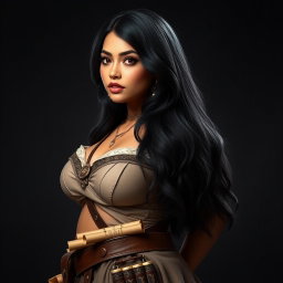 A full-body portrait of a 4'11" Middle Eastern woman with silky black hair cascading down her back, dark brown eyes that sparkle with intelligence, and a light tan skin tone