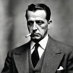 Portrait of an English gangster from the post-WW2 era, distinguished in his attire, stoically smoking a cigarette.