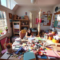 A creative workspace filled with an array of arts and crafts supplies such as colorful paper, paints, brushes, scissors, and yarn