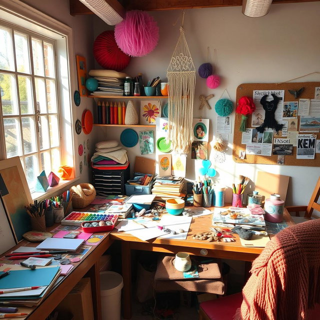 A creative workspace filled with an array of arts and crafts supplies such as colorful paper, paints, brushes, scissors, and yarn