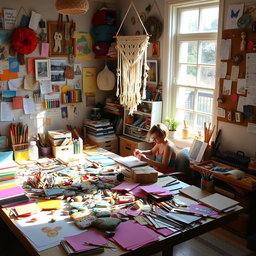 A creative workspace filled with an array of arts and crafts supplies such as colorful paper, paints, brushes, scissors, and yarn