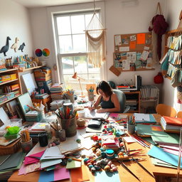 A creative workspace filled with an array of arts and crafts supplies such as colorful paper, paints, brushes, scissors, and yarn