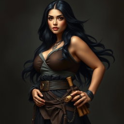 A full-body portrait of a 4'11" Middle Eastern woman with silky black hair flowing elegantly and dark brown eyes that convey a sense of mystique