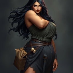 A full-body portrait of a 4'11" Middle Eastern woman with silky black hair flowing elegantly and dark brown eyes that convey a sense of mystique