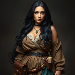 A full-body portrait of a 4'11" Middle Eastern woman with silky black hair flowing elegantly and dark brown eyes that convey a sense of mystique