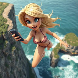 A sexy blonde 3D toon woman with striking blue eyes and vibrant red lips, wearing a tiny bikini, is dramatically falling off a cliff