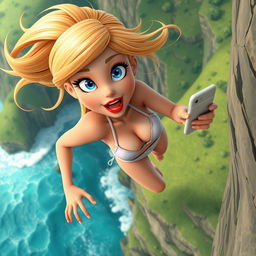 A sexy blonde 3D toon woman with striking blue eyes and vibrant red lips, wearing a tiny bikini, is dramatically falling off a cliff
