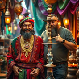 A vibrant scene depicting a gipsy man adorned in traditional colorful attire with intricate gold jewelry, standing confidently with a friendly smile