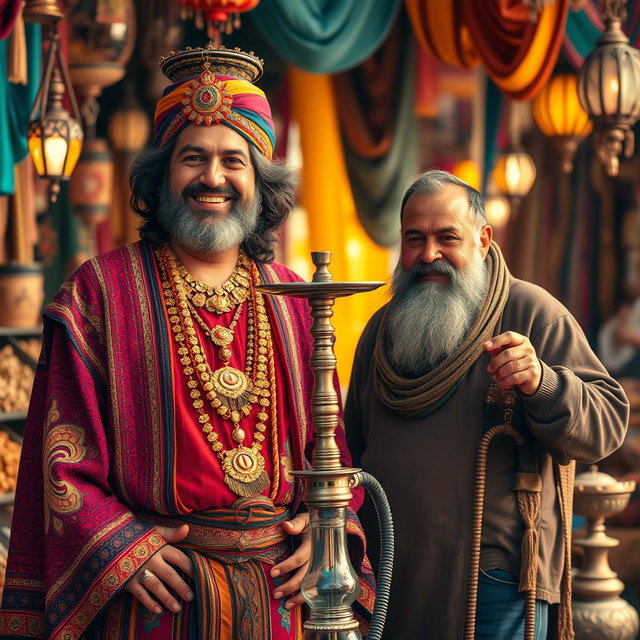 A vibrant scene depicting a gipsy man adorned in traditional colorful attire with intricate gold jewelry, standing confidently with a friendly smile