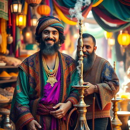A vibrant scene depicting a gipsy man adorned in traditional colorful attire with intricate gold jewelry, standing confidently with a friendly smile