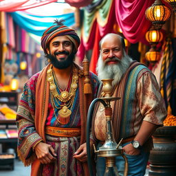A vibrant scene depicting a gipsy man adorned in traditional colorful attire with intricate gold jewelry, standing confidently with a friendly smile
