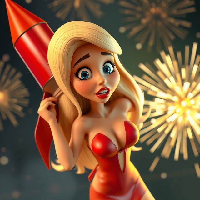A sexy blonde 3D toon woman with bright blue eyes and striking red lips, wearing a very revealing dress